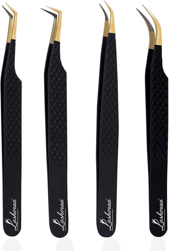 Pinças para Extensão de Cílios LASHORAA com 5 Unidades, Pontas de Fibra, Aço Inoxidável, Modelos Curvo, 45° e Angular, Estojo