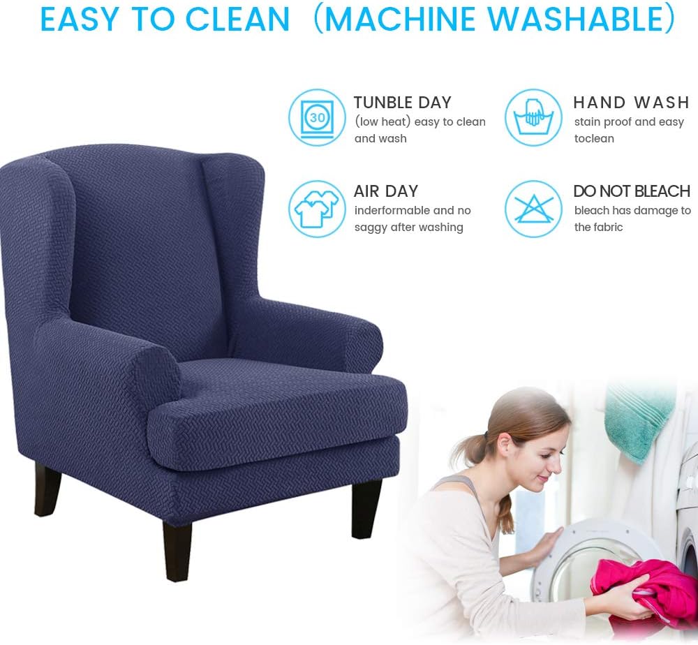 MIFXIN Wingback Chair Slipcovers 2-Piece Spandex Jacquard Stretch Wingback Chair Covers with Armrests Washable Armchair Sofa Covers Furniture Protector (Blue)