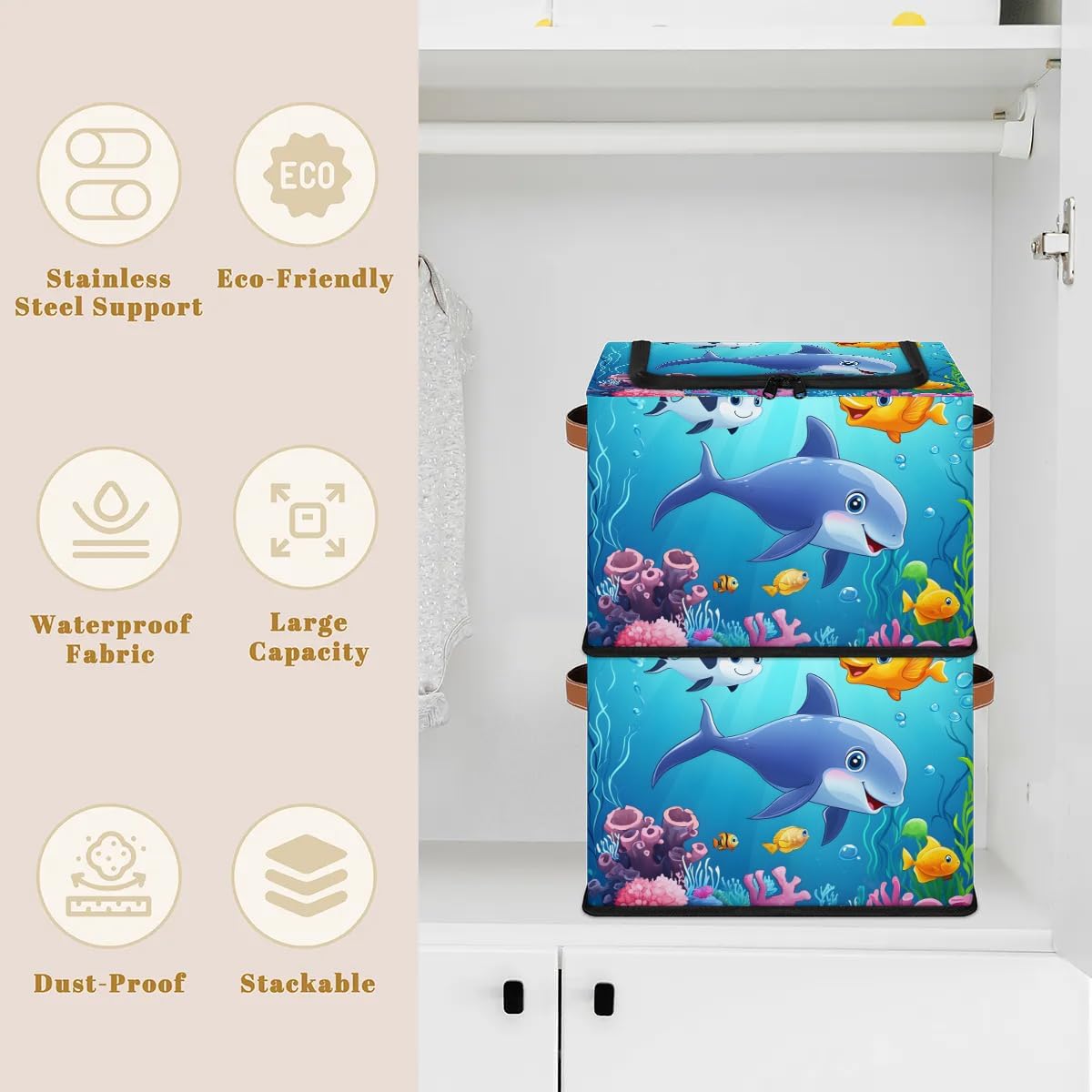 Fish Dolphin Cute Animals Storage Bins With Lids, Foldable Storage Basket, Toy Storage Box, Used For Storing Clothes Blankets Pillows, 14.2 ”x 10.2" x 10"