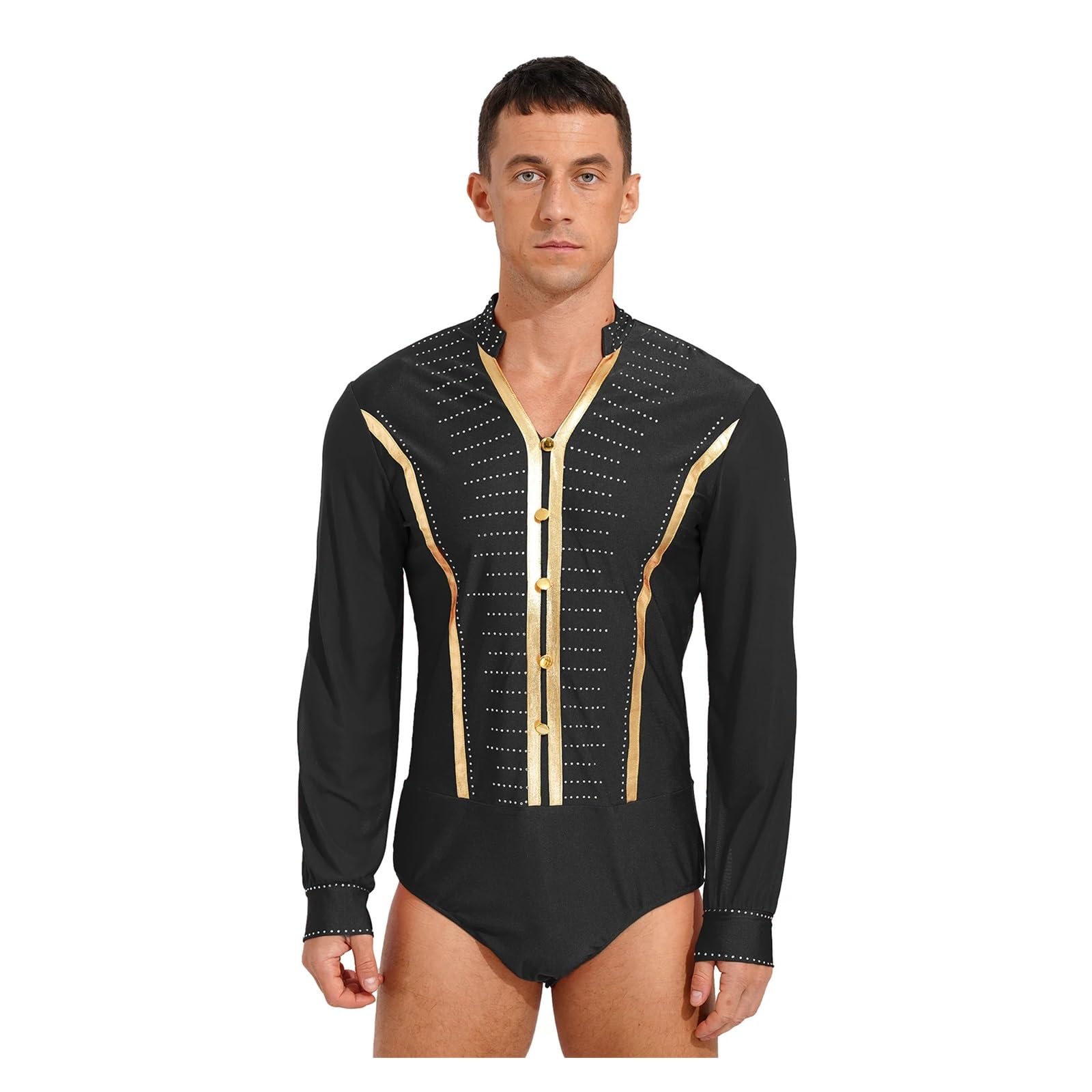 Hombre Camisa De Danza Camisa de baile latino con diamantes de imitación for hombre, mono, trajes de baile de salón, cha cha rumba, mono de manga larga, ropa de práctica latina(Black,M)