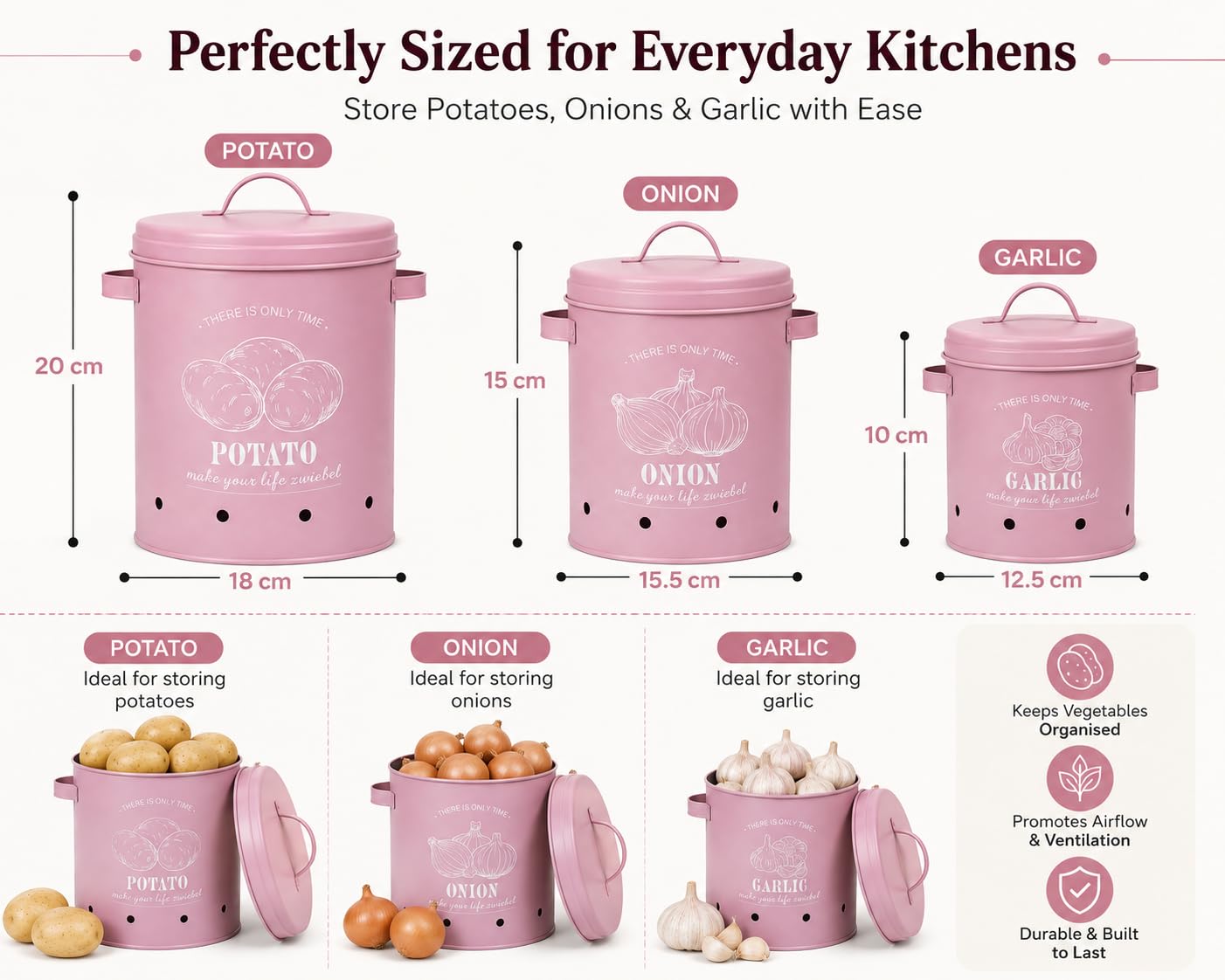 JRose Collections 3 Stück Küche Vorratsdosen Set Verzinkte Eisen Kartoffel Zwiebel Knoblauch Vorratsdosen mit belüfteten Löchern und Deckeln Metall Gemüse Vorratsdosen Rosa