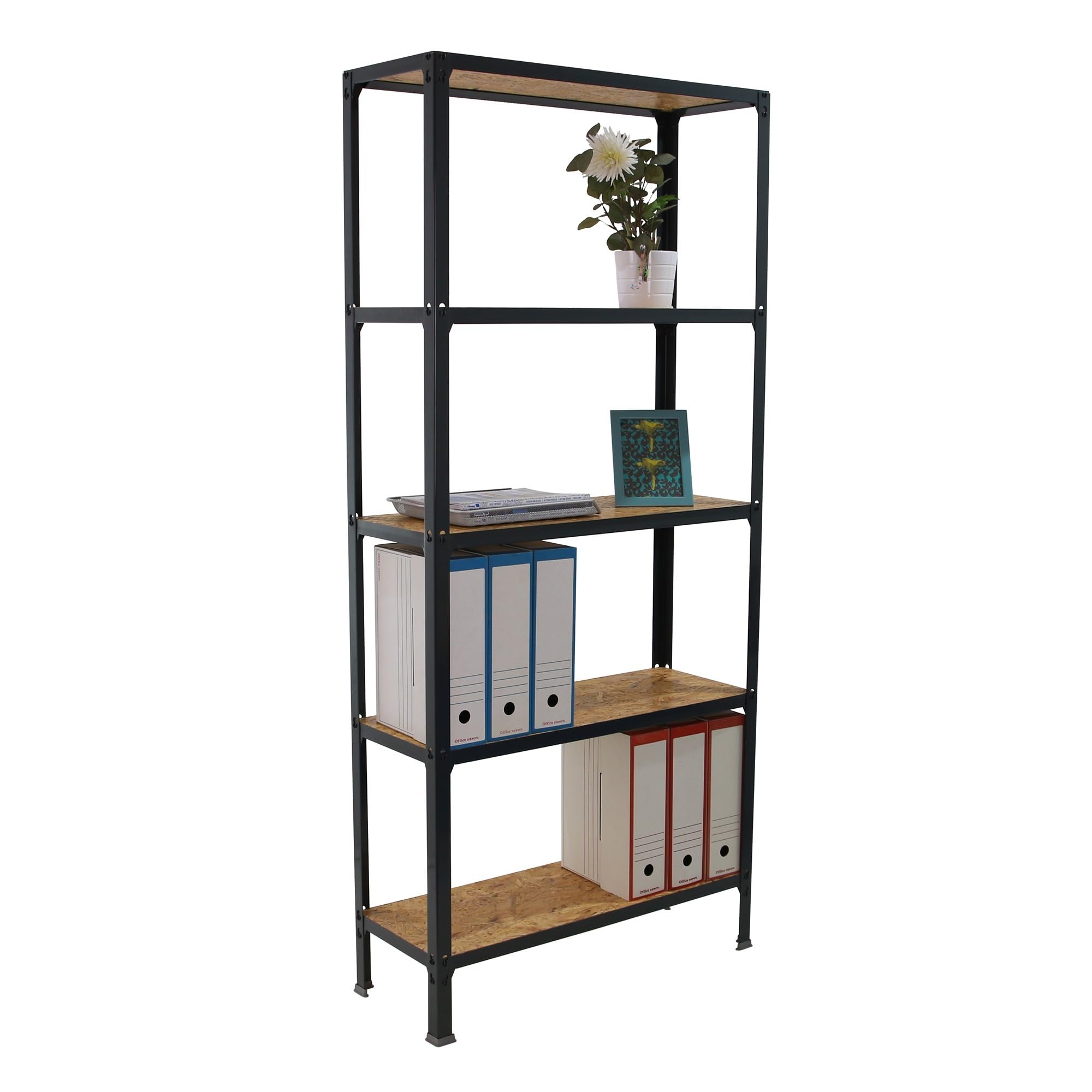 SimonRack Estantería Metálica Almacenaje, Sin tornillos, 5 Baldas Madera, Alta Capacidad Carga 150 kg, 1800x1000x300 mm, Estantería Salón Baño Cocina, Antracita/Madera Osb - SimonHomeClick Wood