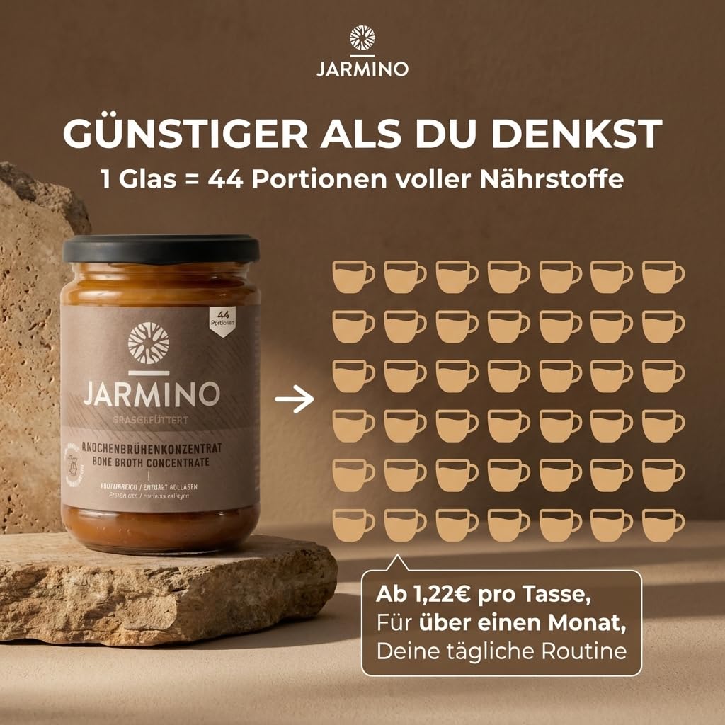 JARMINO Bio Rinderknochenbrühe Konzentrat, Grasgefütterte Knochenbrühe mit Kollagenprotein, 440 g