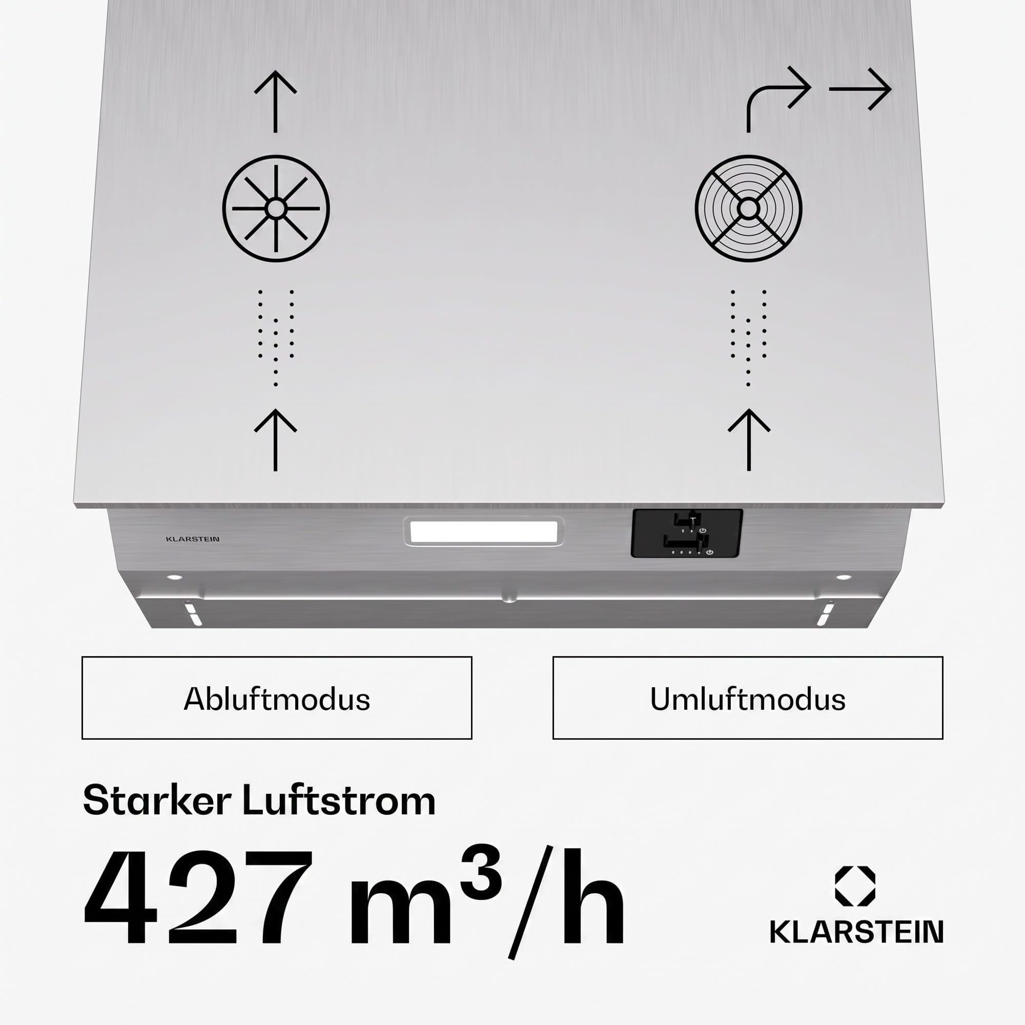 Klarstein Swift Square Unterbaudunstabzugshaube, 60 cm Dunstabzugshaube Unterbau, 380 m³/h Luftstrom, Energieeffizienz C, Doppelmotor, LED-Beleuchtung, Touch-Steuerung, Aktivkohlefilter