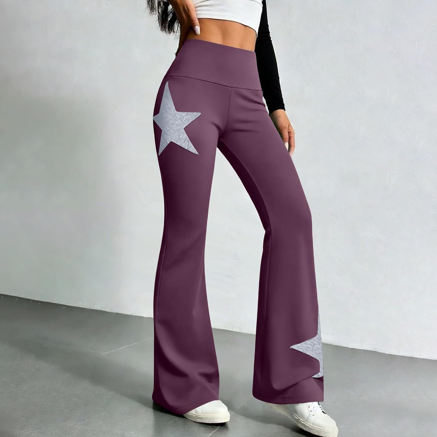 HGps8w Flare Leggings for Women Stylish Star Pattern Patchwork High Waisted Stretch Soft Bell Bottom Lounge Yoga Pants
