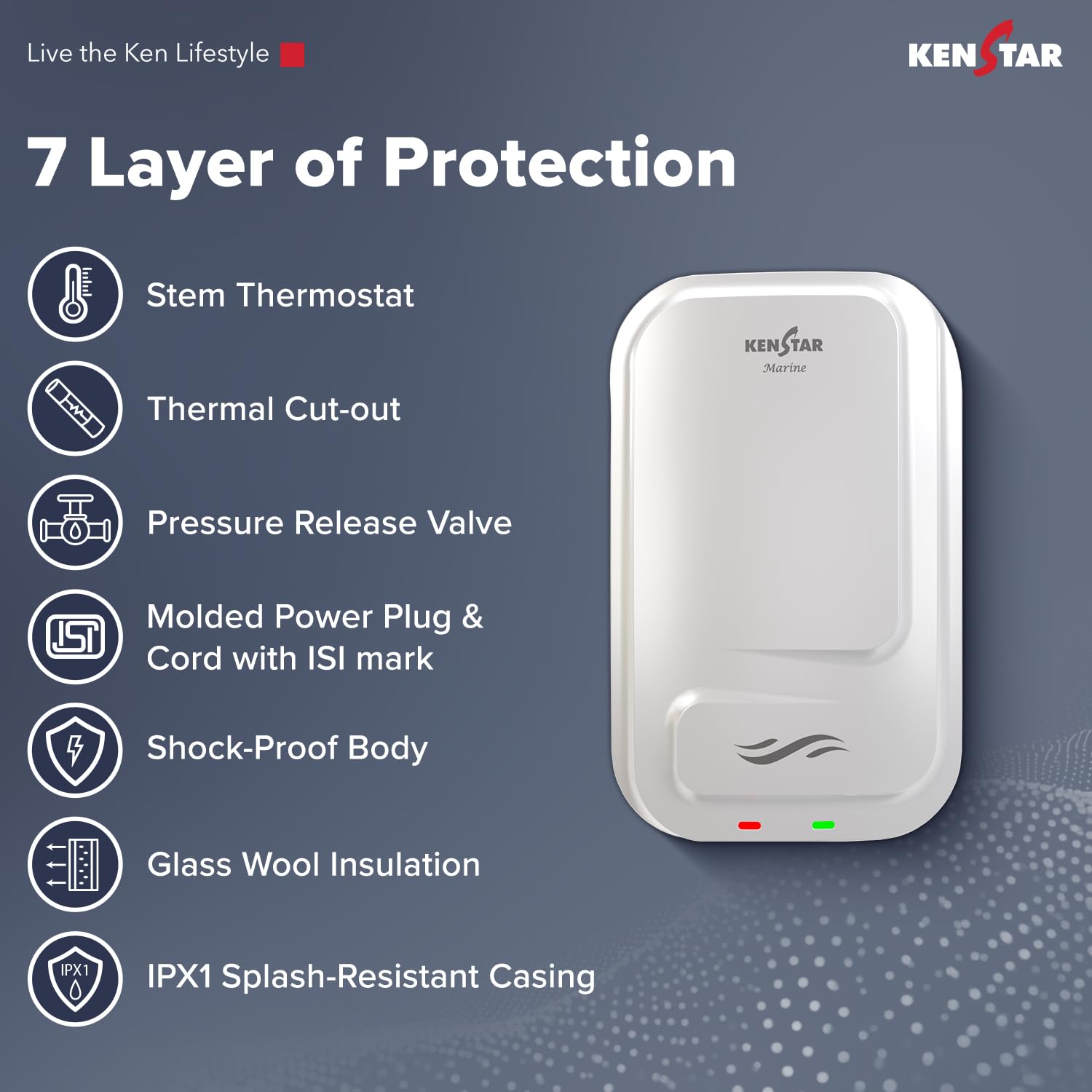 Kenstar MARINE 5.9 L | Instant Water Heater with High Grade SS Tank, Powerful 3000 W Heating Element | ISI Certified | White