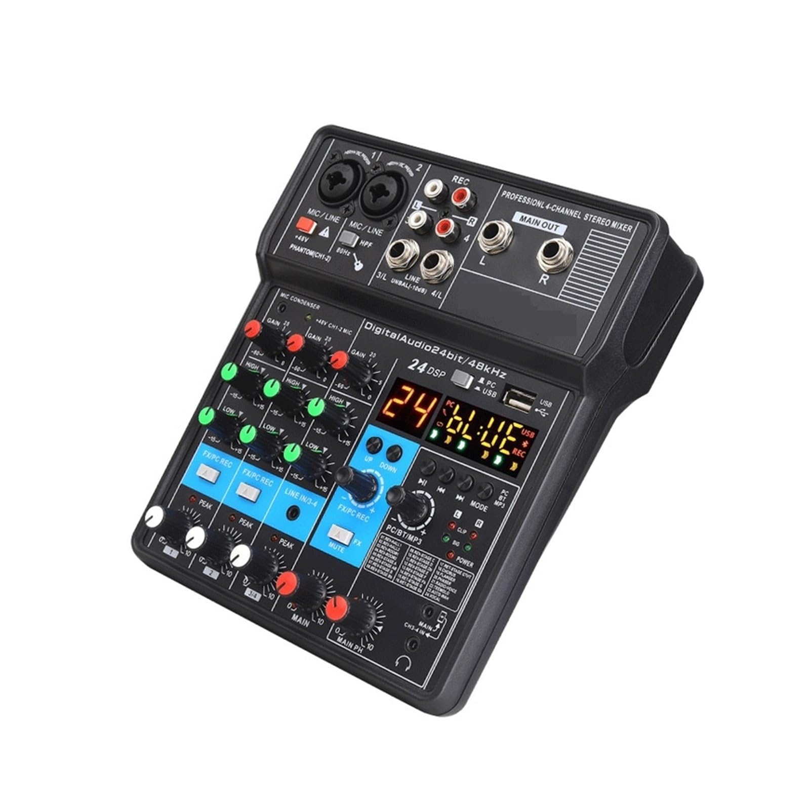 Mikser dźwięku, 4-kanałowa mini karta dźwiękowa miksera audio DJ 16 efektów cyfrowych konsola redukcji szumów nagrywanie USB do śpiewania
