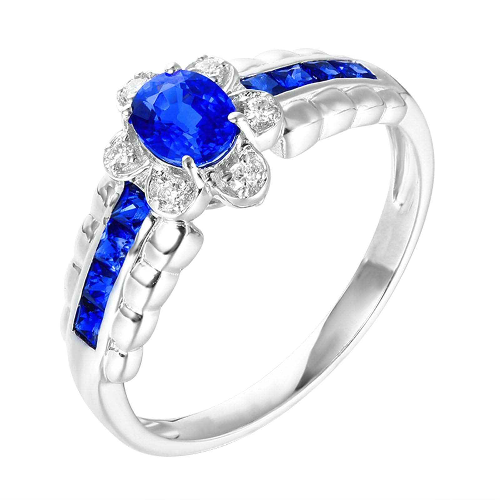 Anello Oro Bianco Donna 14K, Anelli Fidanzamento Donna Elegante Fiore Zaffiro Blu Sintetico da 1.04ct e Moissanite da 0.06ct Anello per Mamma, Fidanzata, Sposa Oro Bianco