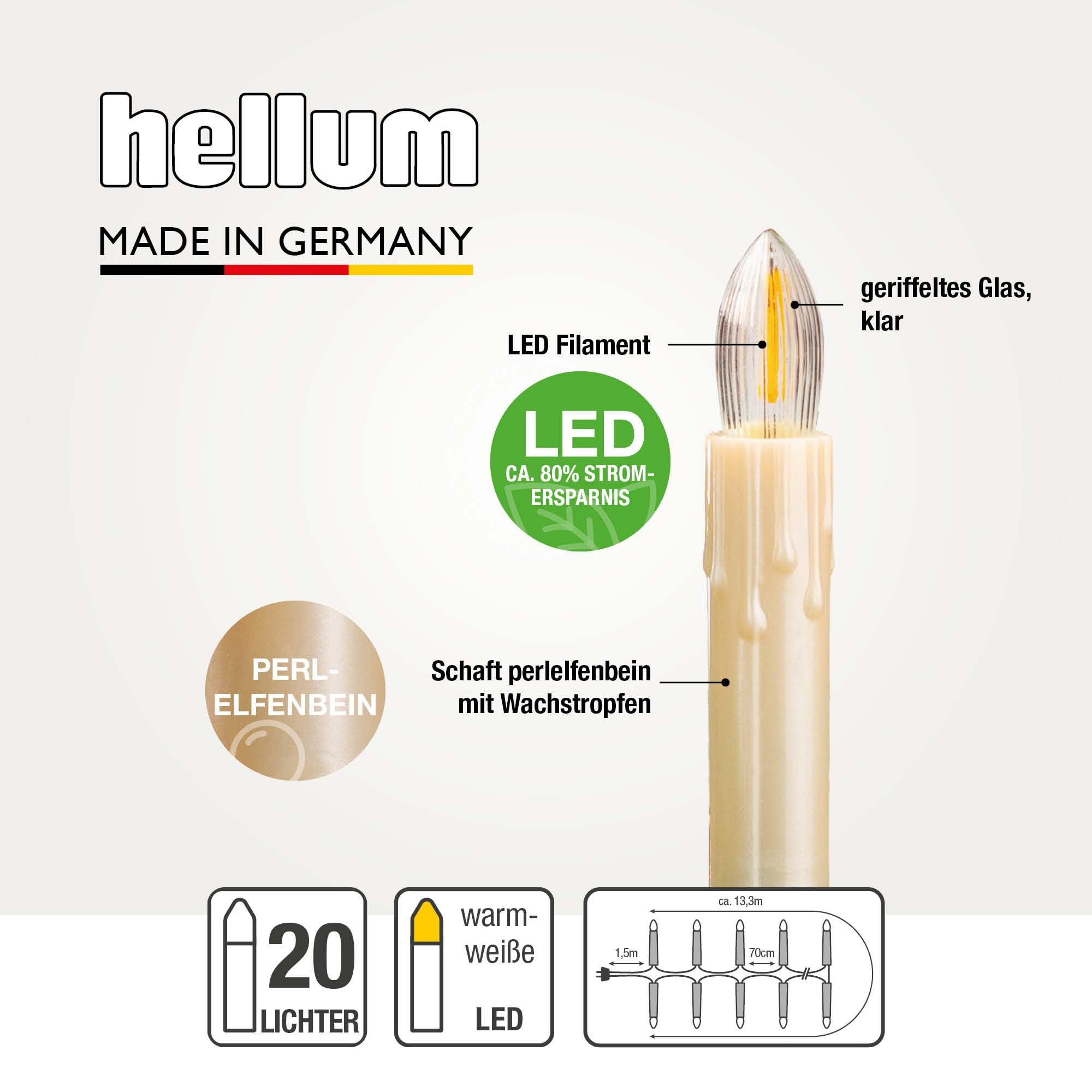 hellum Lichterkette LED-Filament mit Wachstropfen, Made in Germany, Riffelkerzen mit Clip, 20 Lichter, beleuchtete Länge 13,3 m, warmweiß, Schaft perlmutt, für Innen, teilbarer Stecker <59lm 814095