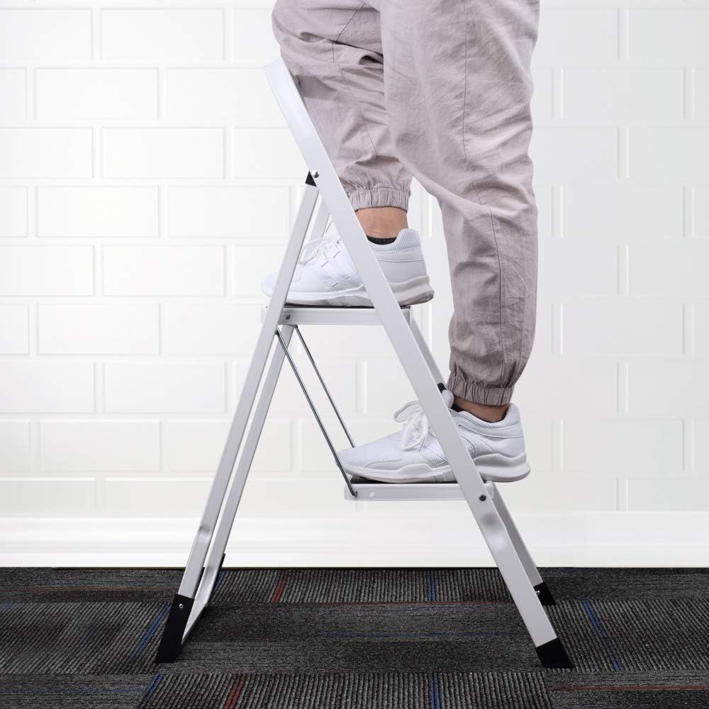 Delxo 2 Step Step Stool for Adult, Folding Metal Step Ladder with Handgrip & Anti-Slip Sturdy and Wide Pedal, Multi-Use for Household & Office, Portable Handle Step Stool 330lbs (Steel) : Office Products