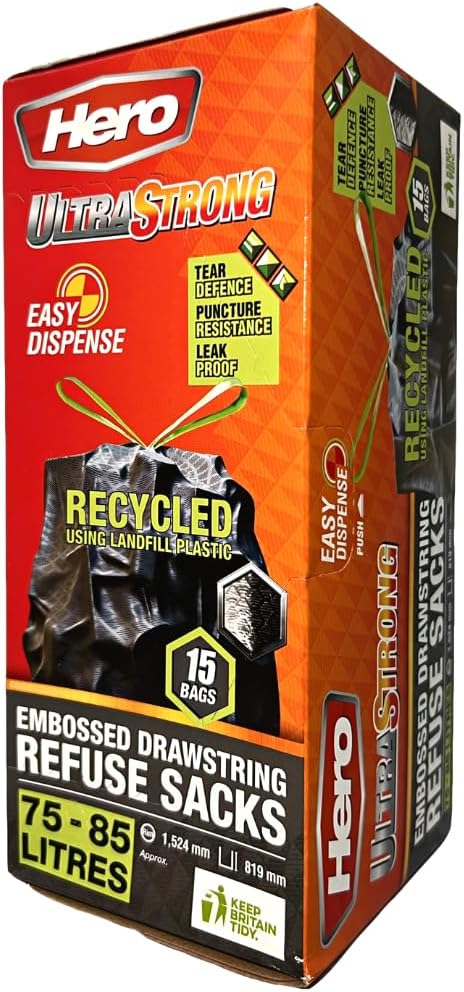 Ultra Strong Black Drawstring Bin Bags 75โ85L โ 15 Extra Thick Tear-Resistant Refuse Sacks | Recycled Plastic Bin Liners for Home, Office & Commercial Use