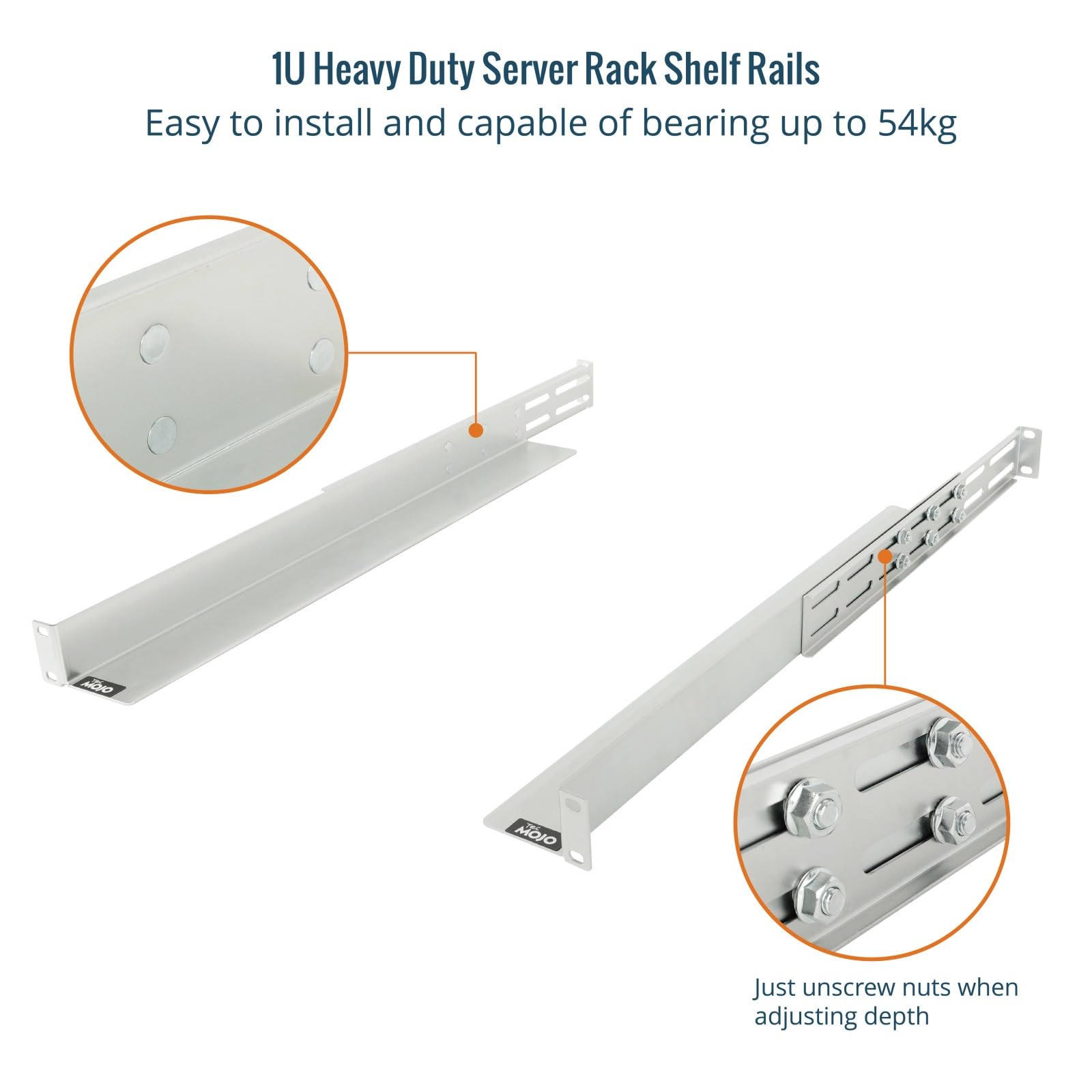 Tecmojo Rails de Rack 1U, Étagère de Rack à 4 Montants, Étagère de Montage en Rack à Glissières avec Profondeur Réglable de 530mm à 812mm, Capacité de Charge de 54kg, Argenté