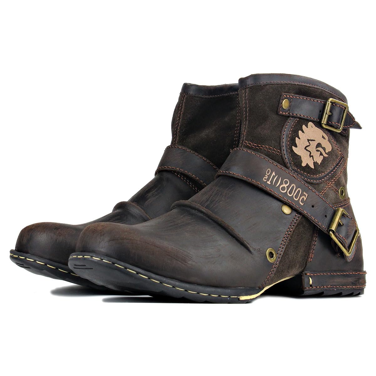 OSSTONE Herren Leder chukkastiefel Worker Biker Boots-Motorrad-Leder-Schuhe für reißverschluss Schnürstiefeletten Boots OS-5008-1-NH-DE-R