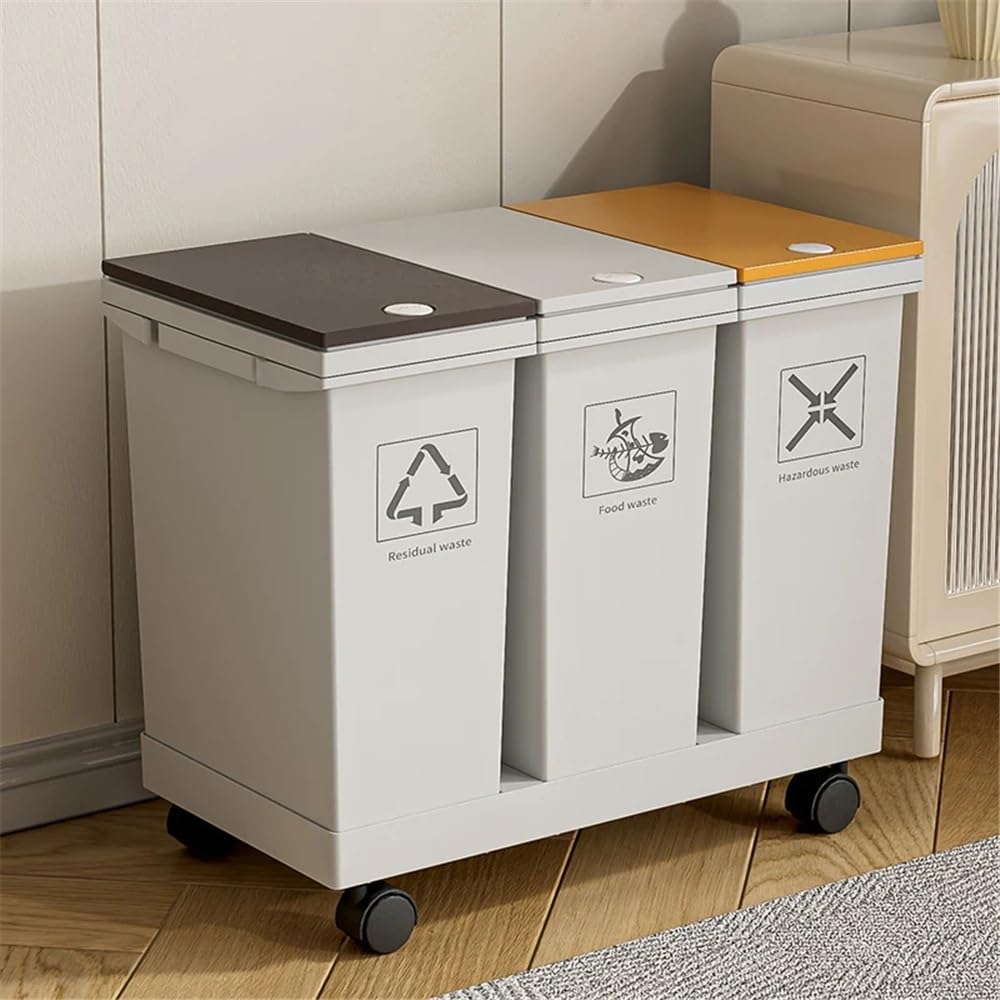 Papelera de cocina, papelera de reciclaje con ruedas, separación de residuos secos y húmedos, tipo empuje Papelera(36L)