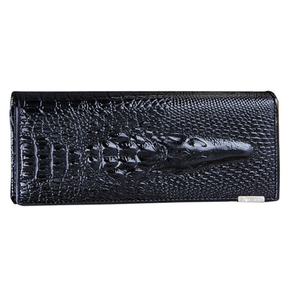 Genuine Leather Purse Wallet Ladies Crocodile Long Clutch Wallets Women Female Coin Purses Holders (Black)