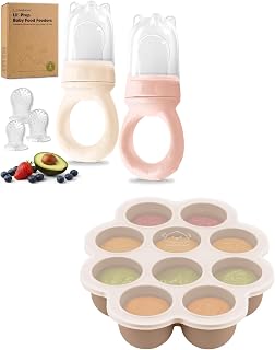 KeaBabies 2-Pack Baby Fruit Feeder and Silicone Baby Food Freezer Tray with Clip-on Lid - Silicone Food Feeder for Infants 6-12 Months, Breast Milk Popsicle for Teething, Freezer Molds Storage Tray