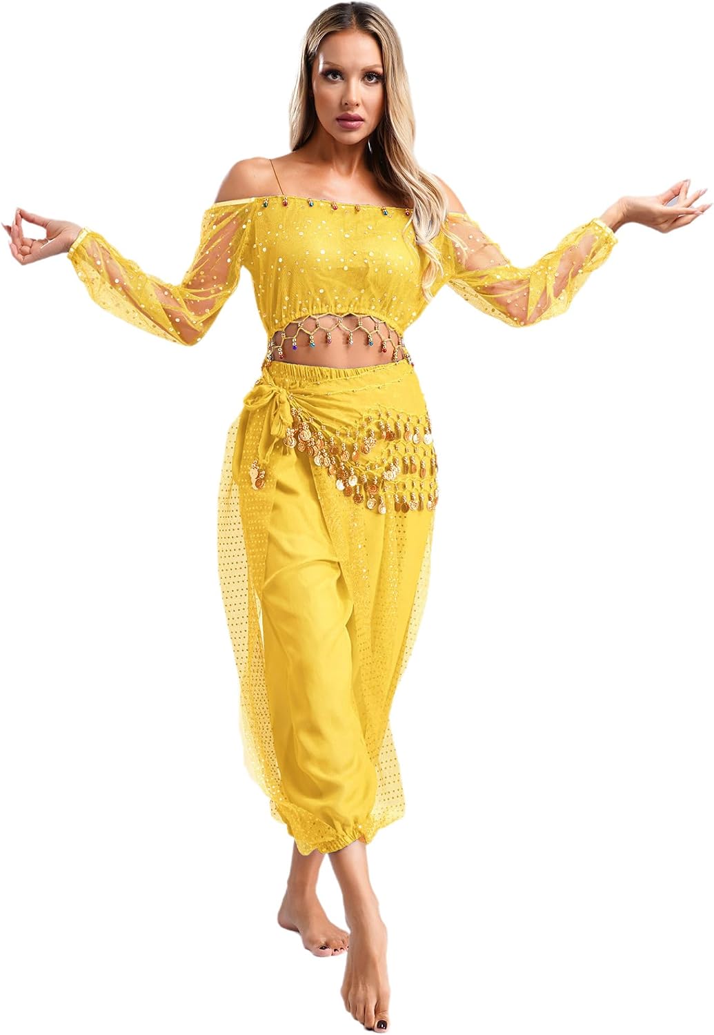 Vxuxlje Women's Belly Dance Pants with Sequin Hip Scarf Elastic Waistband Lantern Pants Trousers
