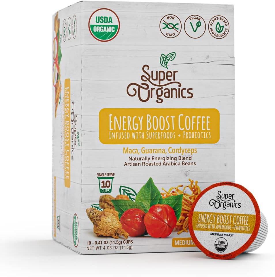 Super Organics Energy Boost Coffee Brew Cups with Superfoods & Probiotics Keurig K-Cup Compatible Energizing, Stamina Medium Roast, USDA Certified Organic, Vegan, Non-GMO, 10ct