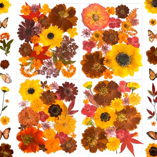 LUCISKY 130Pcs Orange Fall Pressed Dried Flowers and Butterfly for Resin Molds Real Natural Bulk Dry Floral Leaves Stickers for DIY Art Crafts Jewelry Candle Soap Crafts Making