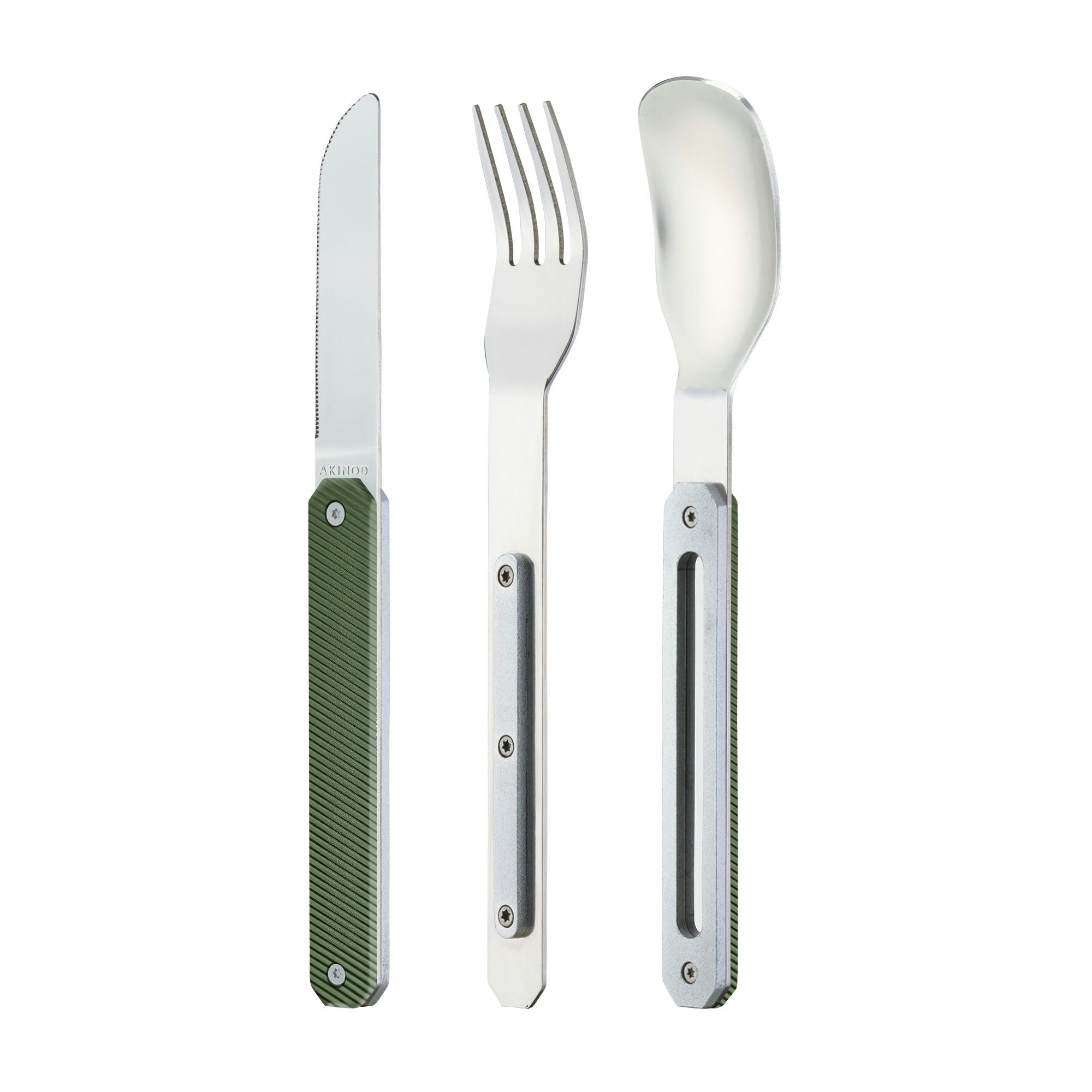 Akinod - Couverts 12:34 - Fourchette + Couteau + Cuillère - Assemblage Aimanté - Couverts en Acier Inoxydable Nomades, Compacts, Durables et Élégants - Aluminium kaki
