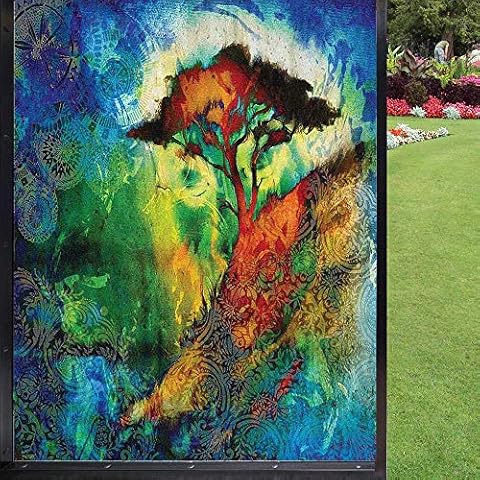 Bohemian Window Film Privacy Window,Eastern Grunge Murky Tree on Hill with Circular Mandala Blur Paint Window Film Heat Blocking, Multicolor 24in x 36in 24x36 inch Cover