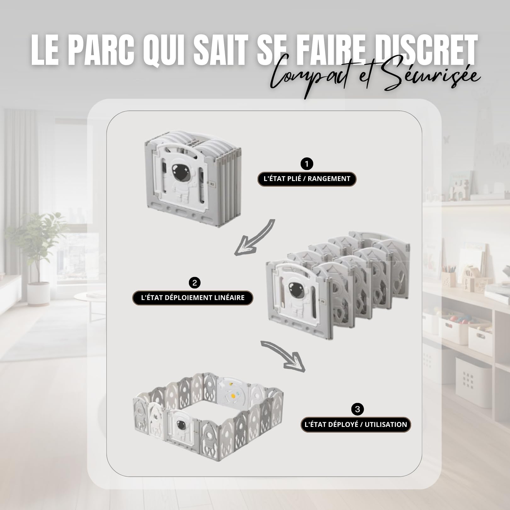 Parc Bébé Modulable 145x145 CM – Entreprise Française - Grand Parc Bébé Pliable Gris et Blanc – Aire de Jeu Sécurisée pour Enfant – Parc Modulable Bébé Évolutif – Parc Facile à Installer