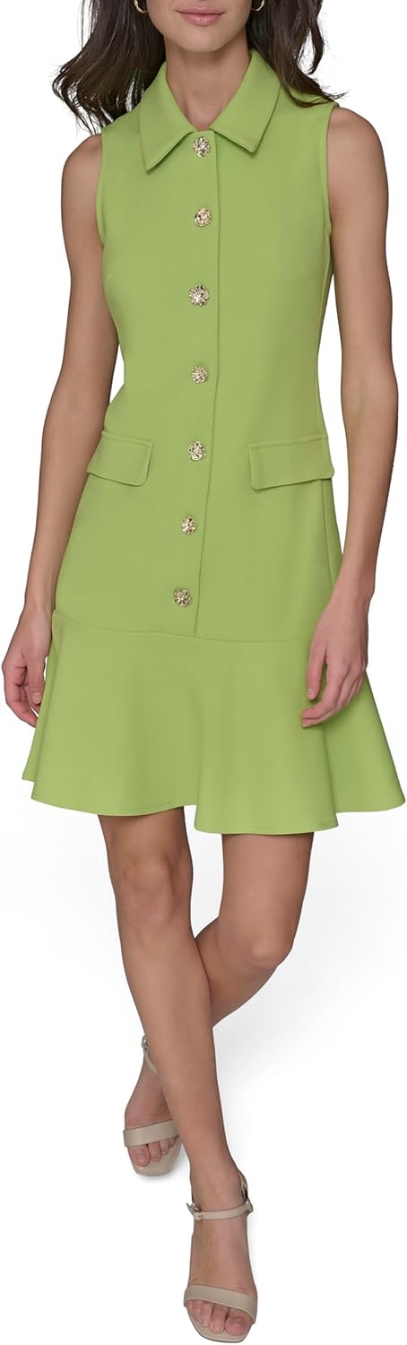 Karl Lagerfeld Womens Sleeveless Collared Gold Button Front A-line Mini Dress - Image 2
