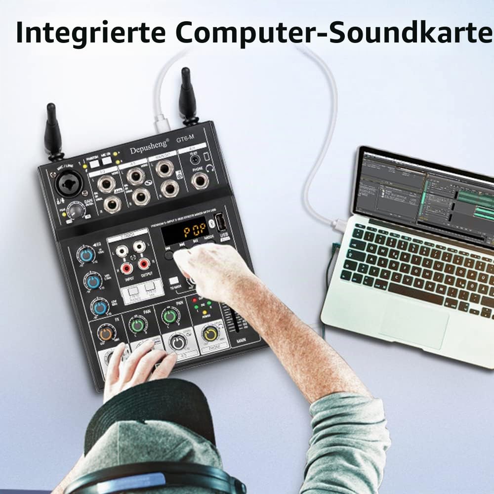 Depusheng GT6-M Audio-Mixer, 6-Kanal-Soundkonsole mit zwei drahtlosen Mikrofonen, Soundboard-Konsole Bluetooth-USB-DJ-Mixing für Karaoke-Party-Computer-Studio