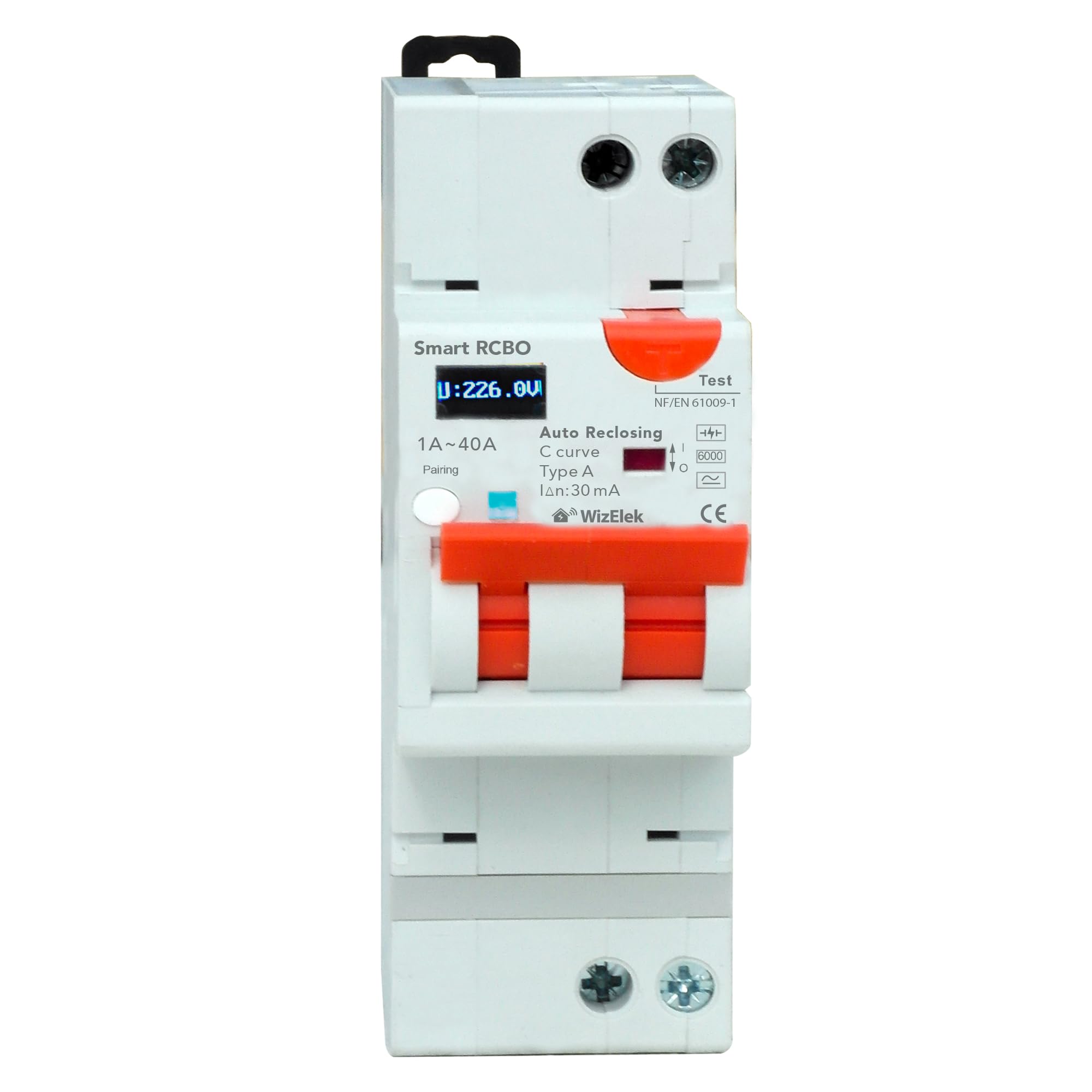WizElek - Salvavita Wi-Fi Tuya con Riarmo Automatico e Display - 1/40A, 9kW max, 30mA Tipo A & AC – Misure: Corrente Residua, Intensità, Potenza, Tensione, Temperatura, Consumo (Tipo A & AC)