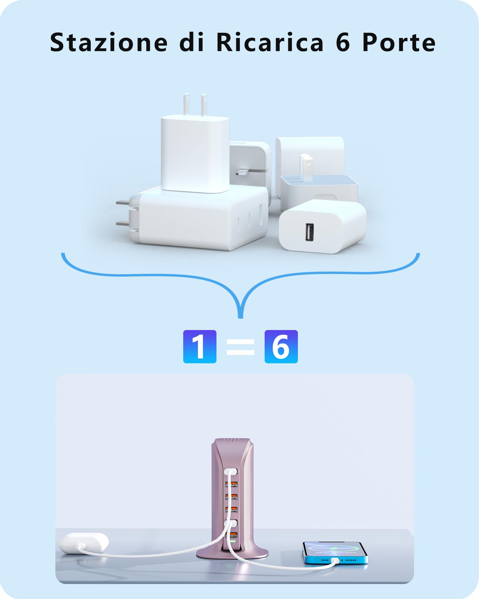 WUKUR 50W Caricatore USB Multiplo,Stazione di Ricarica USB Multipla per Smartphone,Tablet,Ricarica Rapida 5V2.4A