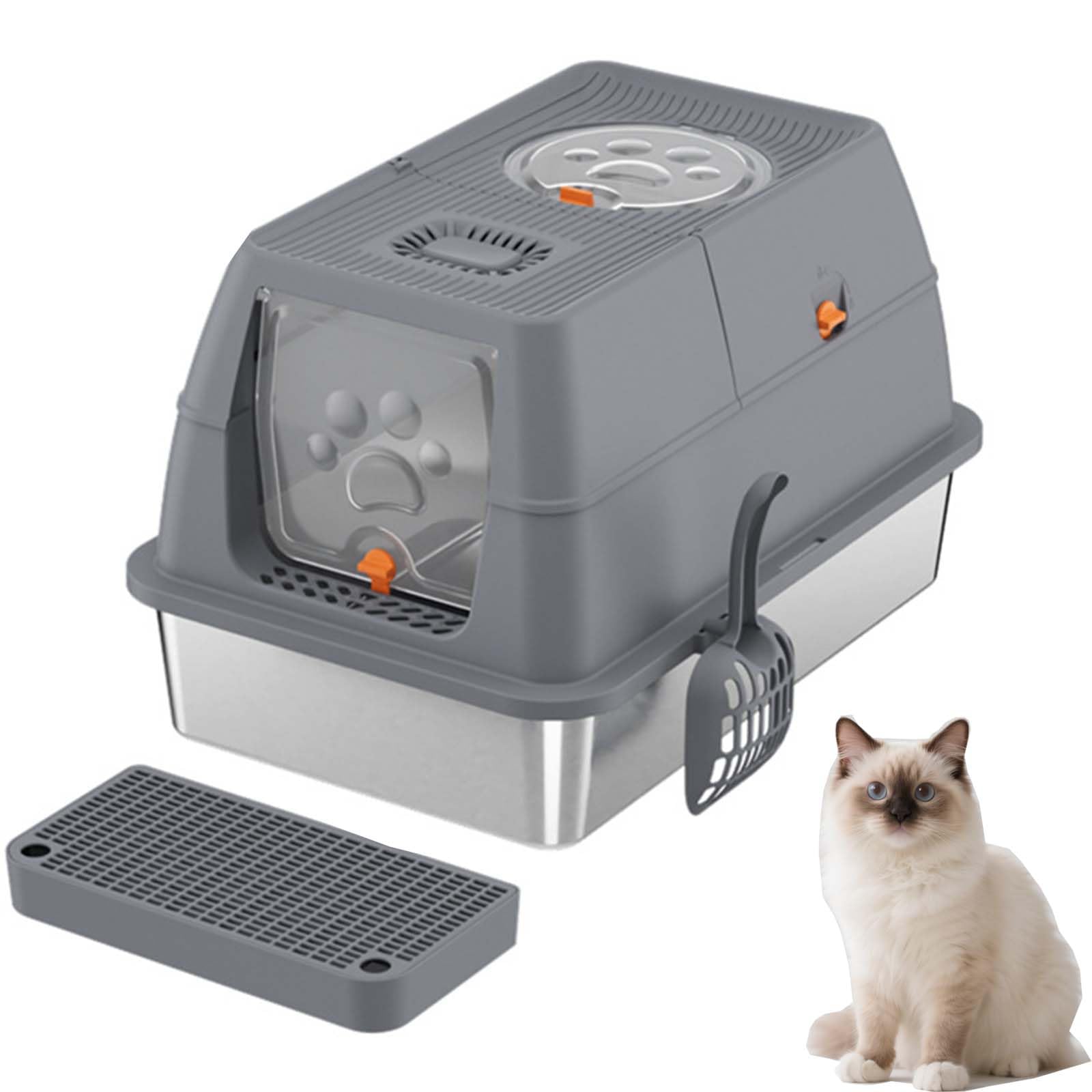 Lettiera per Gatti in Acciaio Inossidabile con Coperchio, Coperchio a Fogli mobili lettiera ad Ingresso Superiore con lettiera a Strato di lettiera, Non appiccicoso, Non Odor, Facile Pulizia Gray