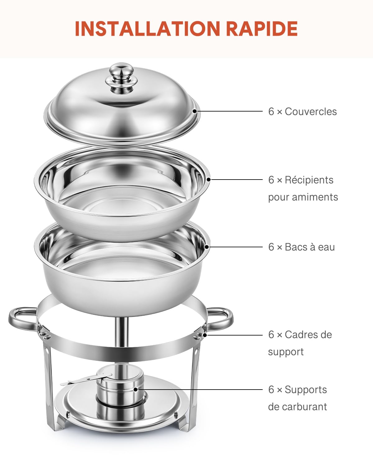Wilprep Buffets Chauffants Ronds 6PCS Chafing Dish 5L en Acier Inoxydable avec Couvercles Plats Bains Maries Supports de Combustible pour Restaurants Traiteurs Fêtes Mariages Pique-niques