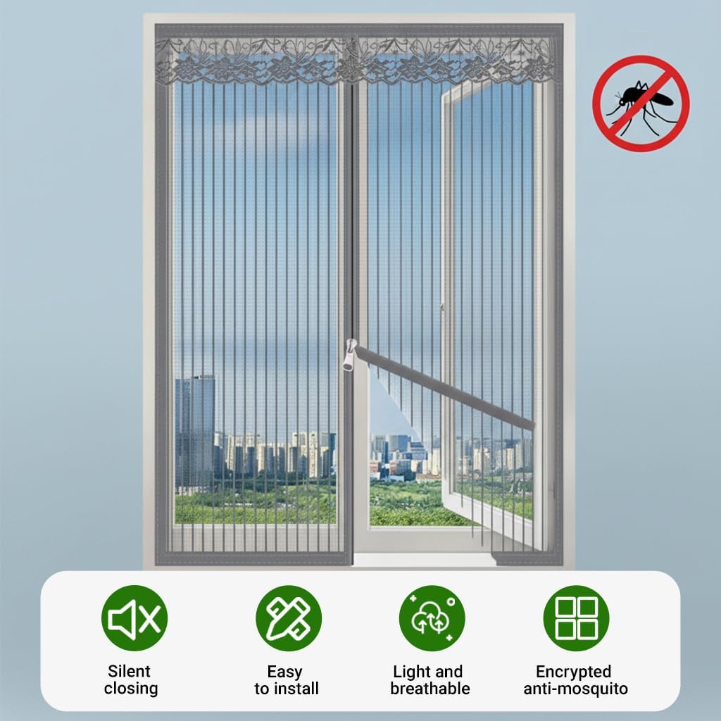 HASTHIP® Zip-up Window Mosquito Screen 90x120cm,No Drill Removable Fine Mesh Mosquito Screen Net with Lace Trim, Ventilated Mosquito Prevention Insect Window Screen