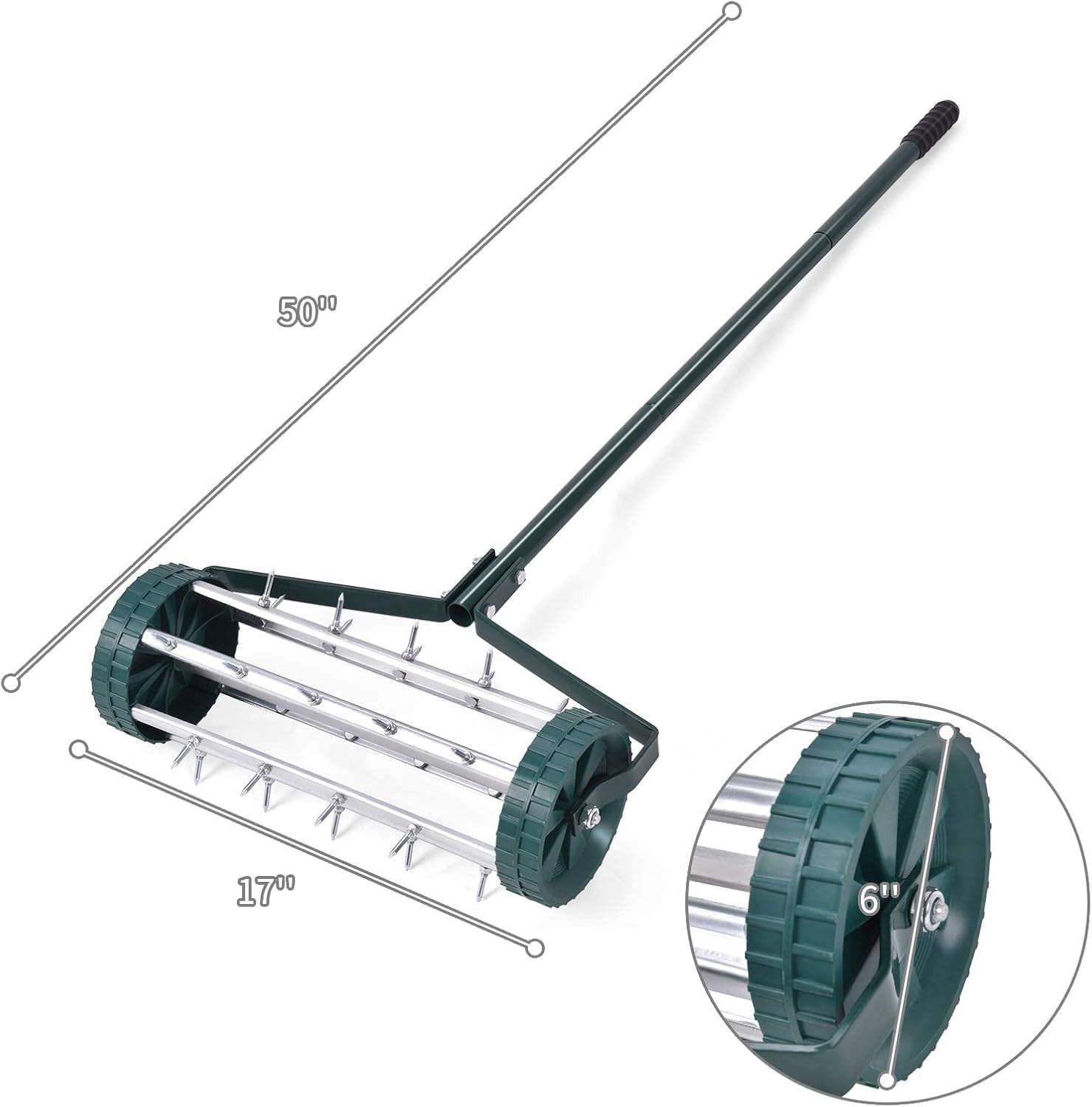Aireador de césped rodante Happytools, Herramienta Manual para desbrozar césped con Mango de 50 Pulgadas, Ideal para jardinería y Cuidado del césped.
