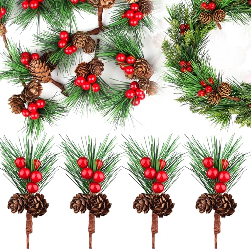 20pcs Künstliche Tannenzweige Mit Tannenzapfen Und Roten Beeren, 11cm...