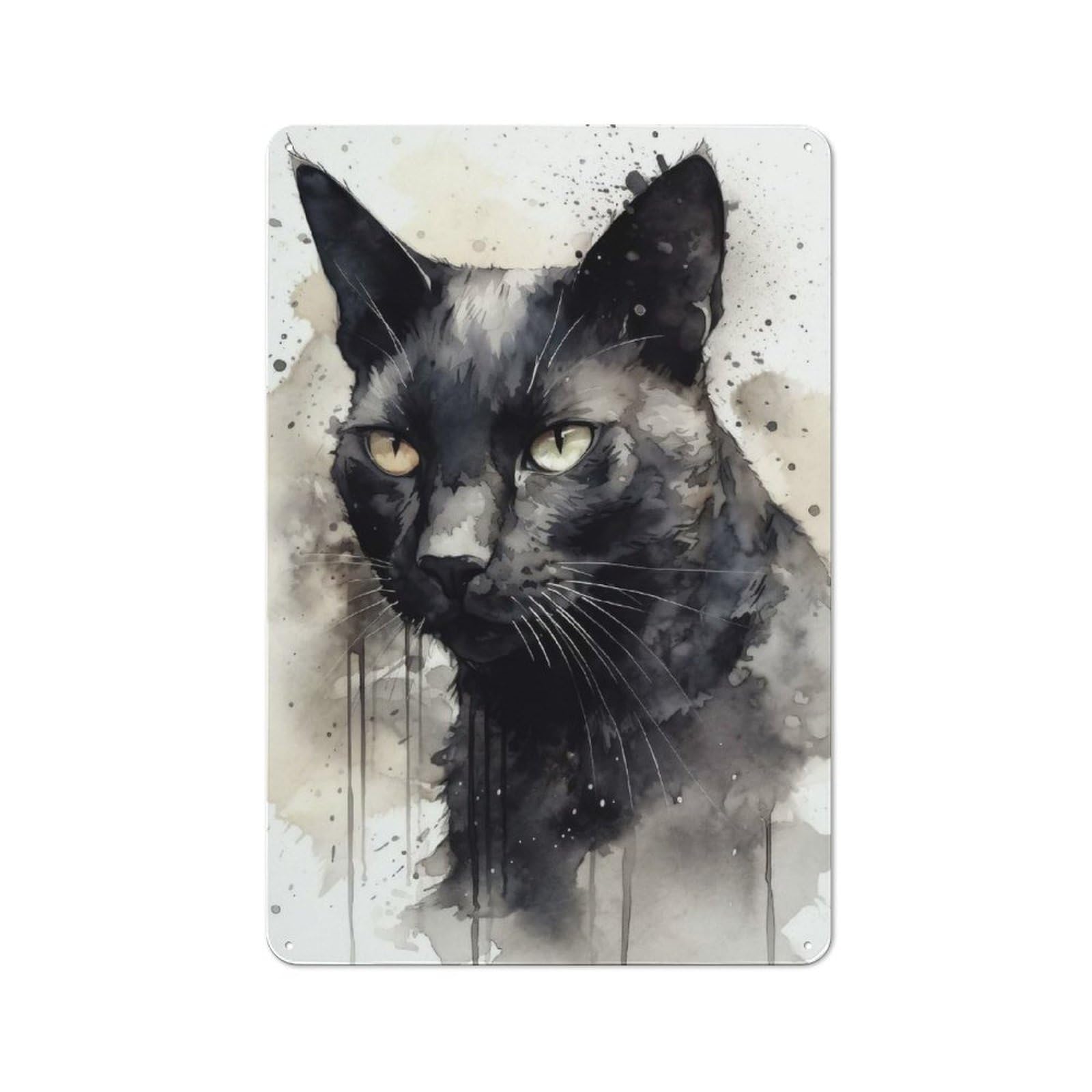 Junmoney Watercolor Black Cat Tin Wall Plaque With Design 30X20cm, Country Vintage Cottage Wall Art For Kitchen, Cottage, Porch Or Garden Room