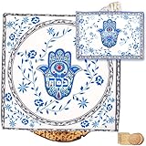 Aviv Judaica Stunning Hamsa Silk Passover Seder Matzah Cover Set 15' Floral Design 3 Pocket Matzos Holder Fits Round Shmurah Matzos or Square Matzot matching Chamasa Afkoman Bag Pesach Table Décor