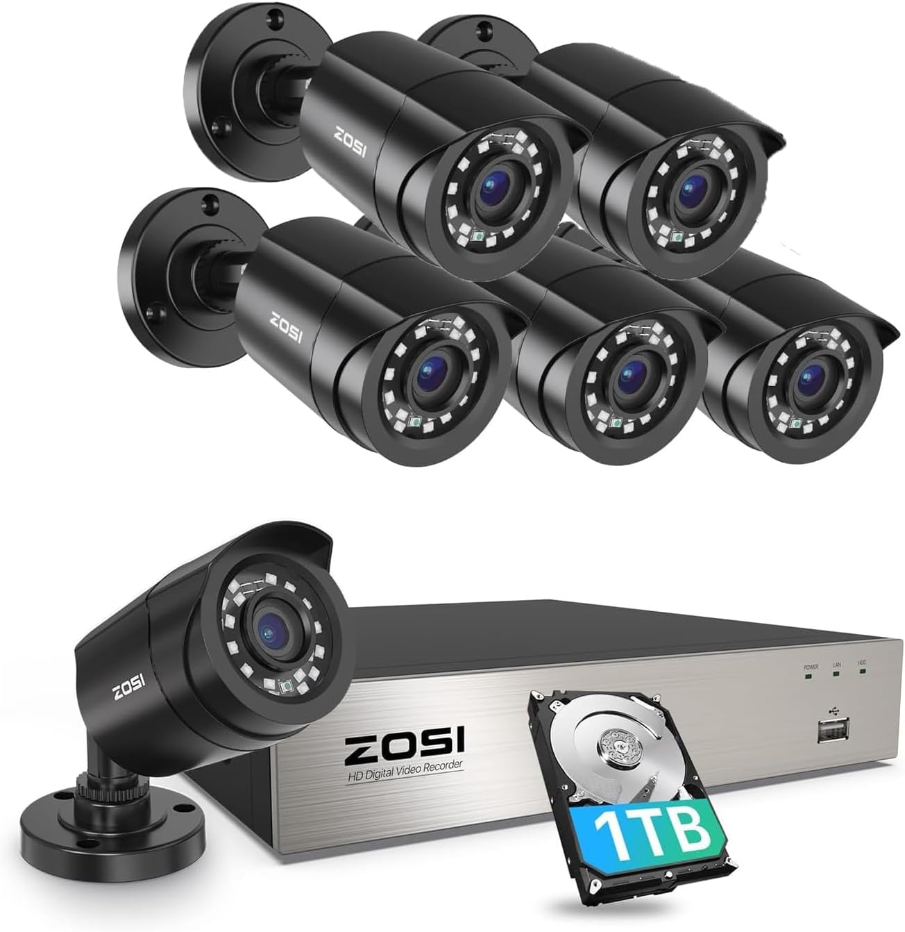 ZOSI 8CH 3K Lite AI Security System with 6 Cameras (1TB HDD) | Includes 6X 1080P Bullet Cameras | H.265+ DVR Recorder with Human/Vehicle Detection, Night Vision, Remote Access.