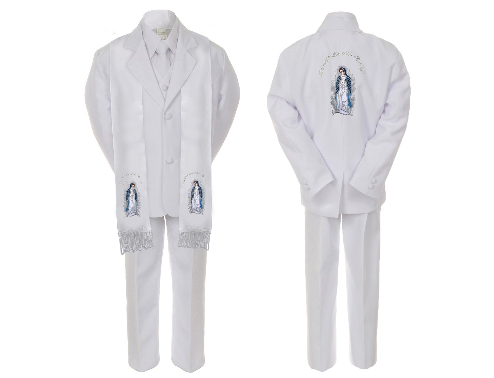Unotux Baby Boy Christening Baptism White Suit Guadalupe Mary Maria Stole & Back Sm-7 (4T, Full Color Silver Spanish)