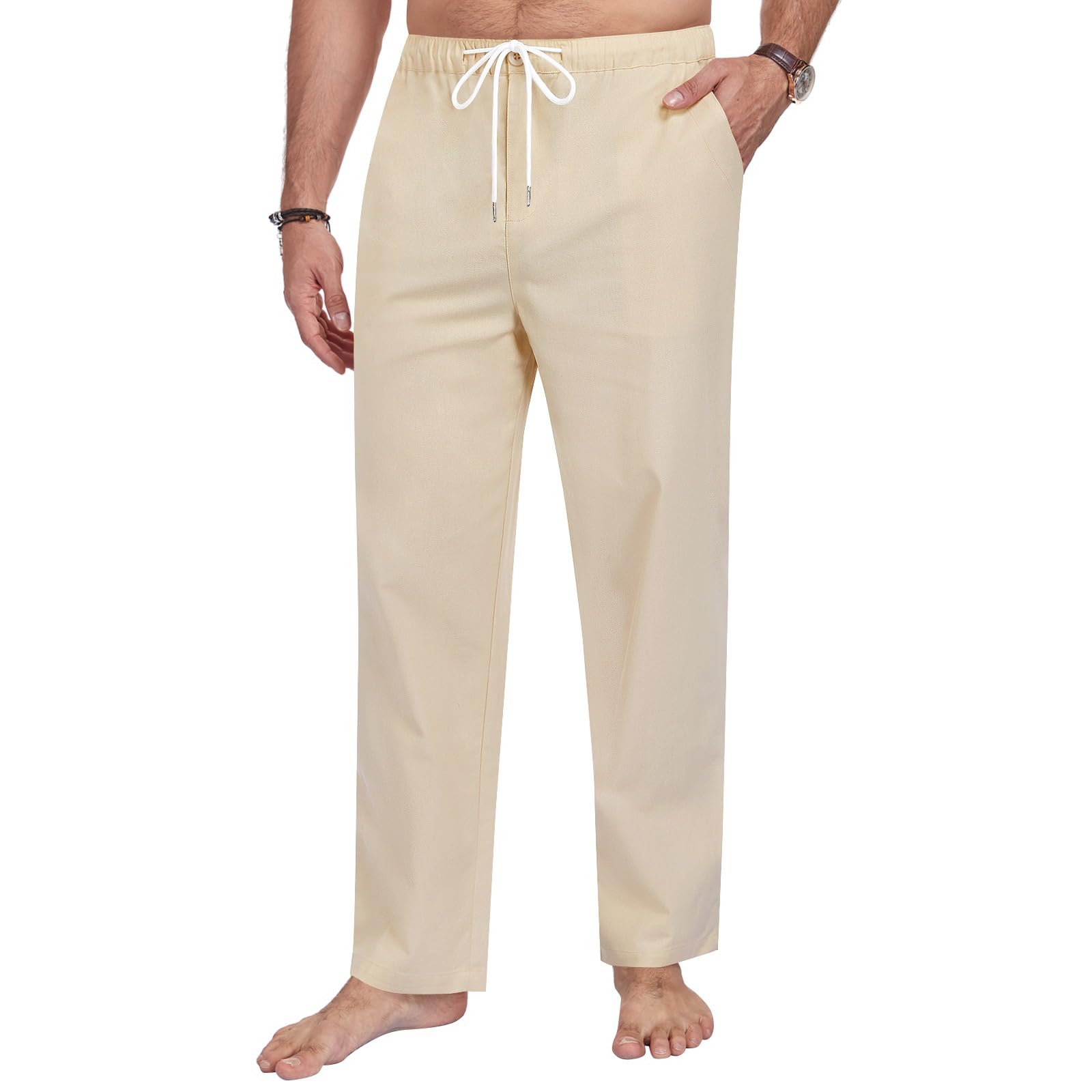 Litthing Herren Baumwolle Leinenhose Leicht Sommerhose Baggy Jogginghose Elastischem Bund Freizeithose mit Kordelzug und Taschen für Urlaub Strand Täglichen