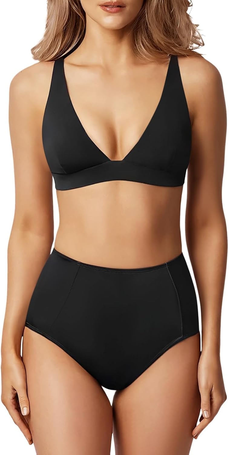 MIKETAI Swim Suits for Women 2 Piece High Waisted Bikini Sets Deep V Neck Bathing Swimming Suits Women's Swimwear Swimsuit