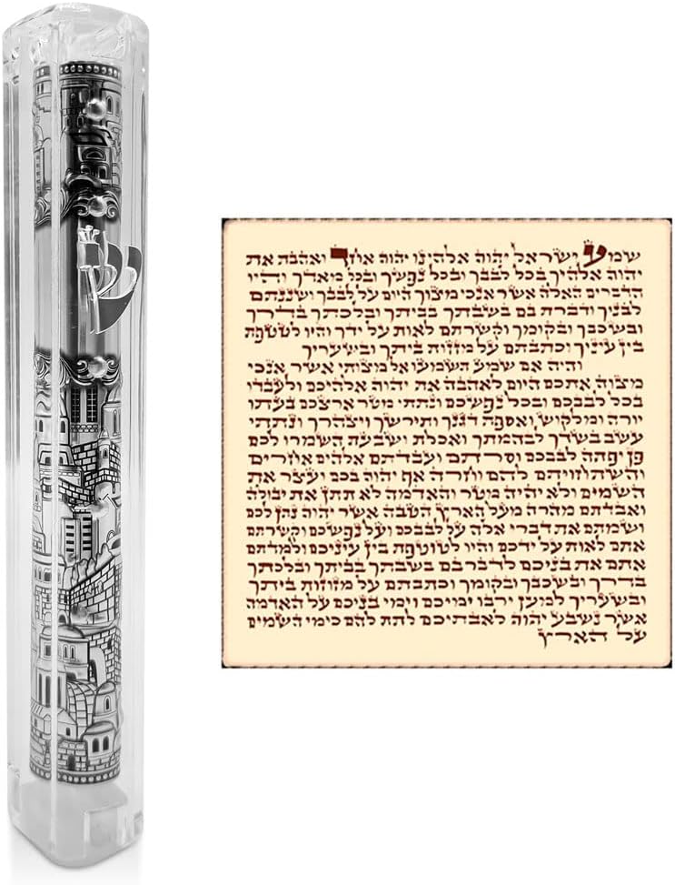 TALISMAN4U Jerusalem Clear Mezuzah Case with Scroll Silver Ornament Hebrew Shin Classic Israel Judaica Waterproof Door Mezuza 5 Inch
