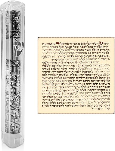 TALISMAN4U Jerusalén - Funda transparente para mezuzá con voluta, adorno de plata, espinillera hebrea, clásica, Israel, Judaica, impermeable, para