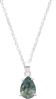 Real Moss Agate Pear Prong Gemstone Dainty Pendant Necklace, Healing Chakra Stone, Birthstone, Natural Crystal, Women Jewelry, Energy Stone, Gift Giving 925 Sterling Silver Chain 18 inch