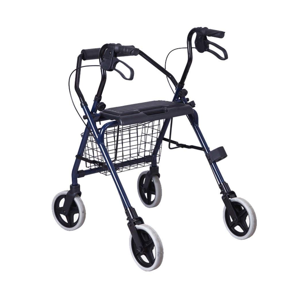 Andador plegable de aleación de aluminio, andador ligero plegable de 4 ruedas con asiento acolchado, frenos bloqueables y cesta debajo del asiento, altura ajustable, azul, carga máxima 110 kg