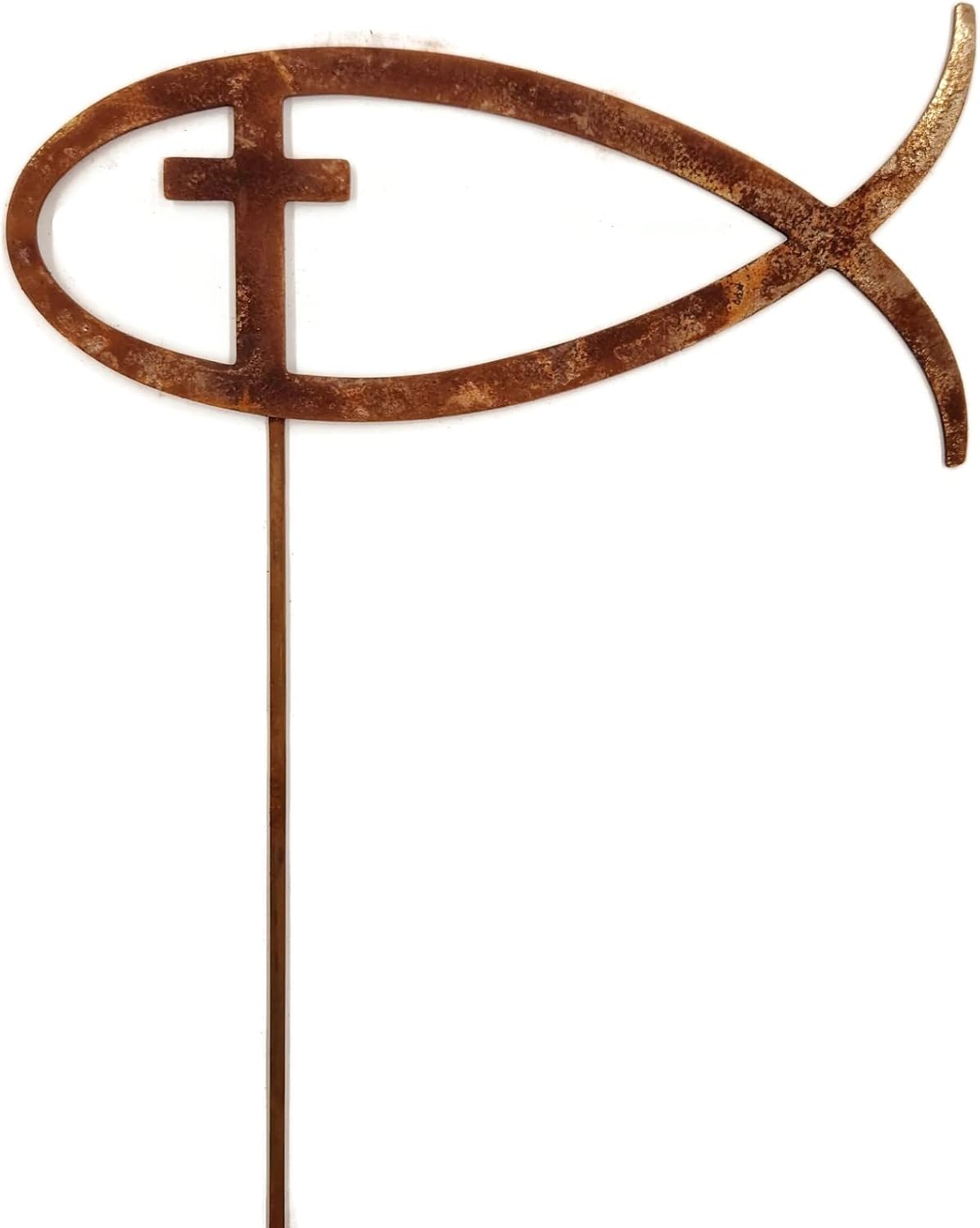 Christian Jesus Fish Metal Steel Garden Landscape Stake 20 to 33 Inches Tall (Flat Jesus Fish 20" Tall Including Stake, Naturally Rusted)