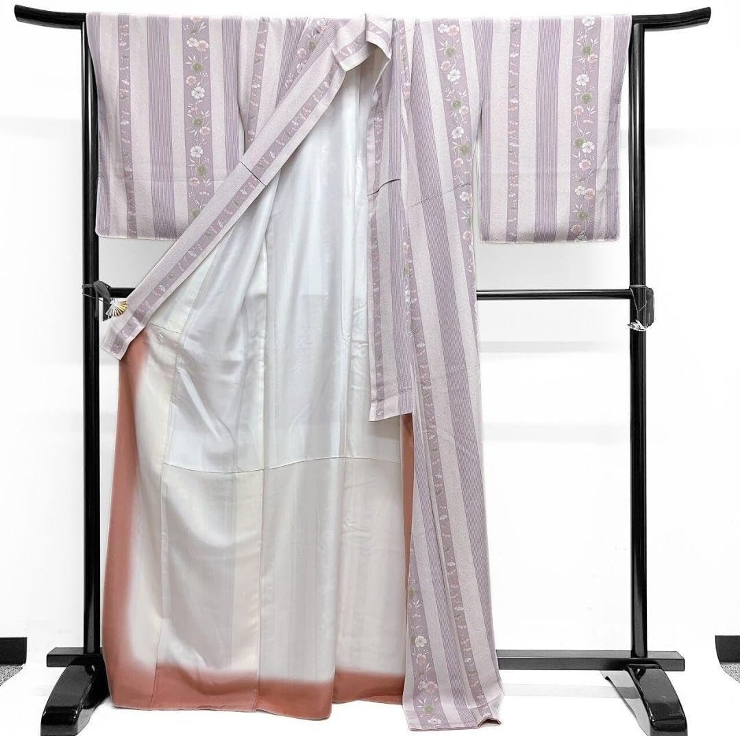 未着用　縦縞　撫子模様　小紋　着物　121a p 未着用縦縞撫子模様小紋着物121a p