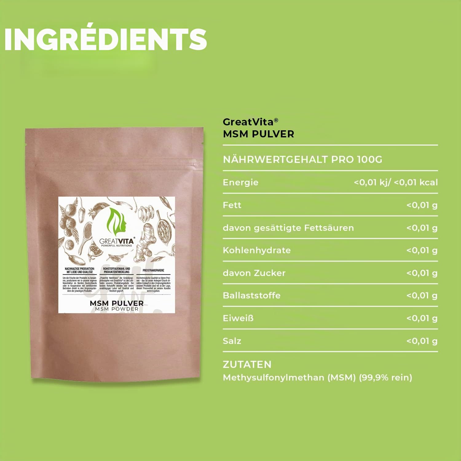 Poudre MSM 2 x 1000 g | 99,9 % pure méthylsulfonylméthane, soufre organique sans additifs | sans OGM, sans arômes artificiels ni gluten | Idéal pour les aliments et boissons froids