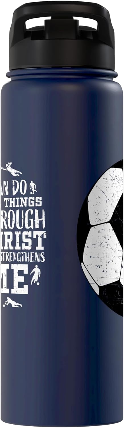 Christian Soccer Faith Graphic Bible Verse Philippians 4:13 Stainless Steel Insulated Water Bottle