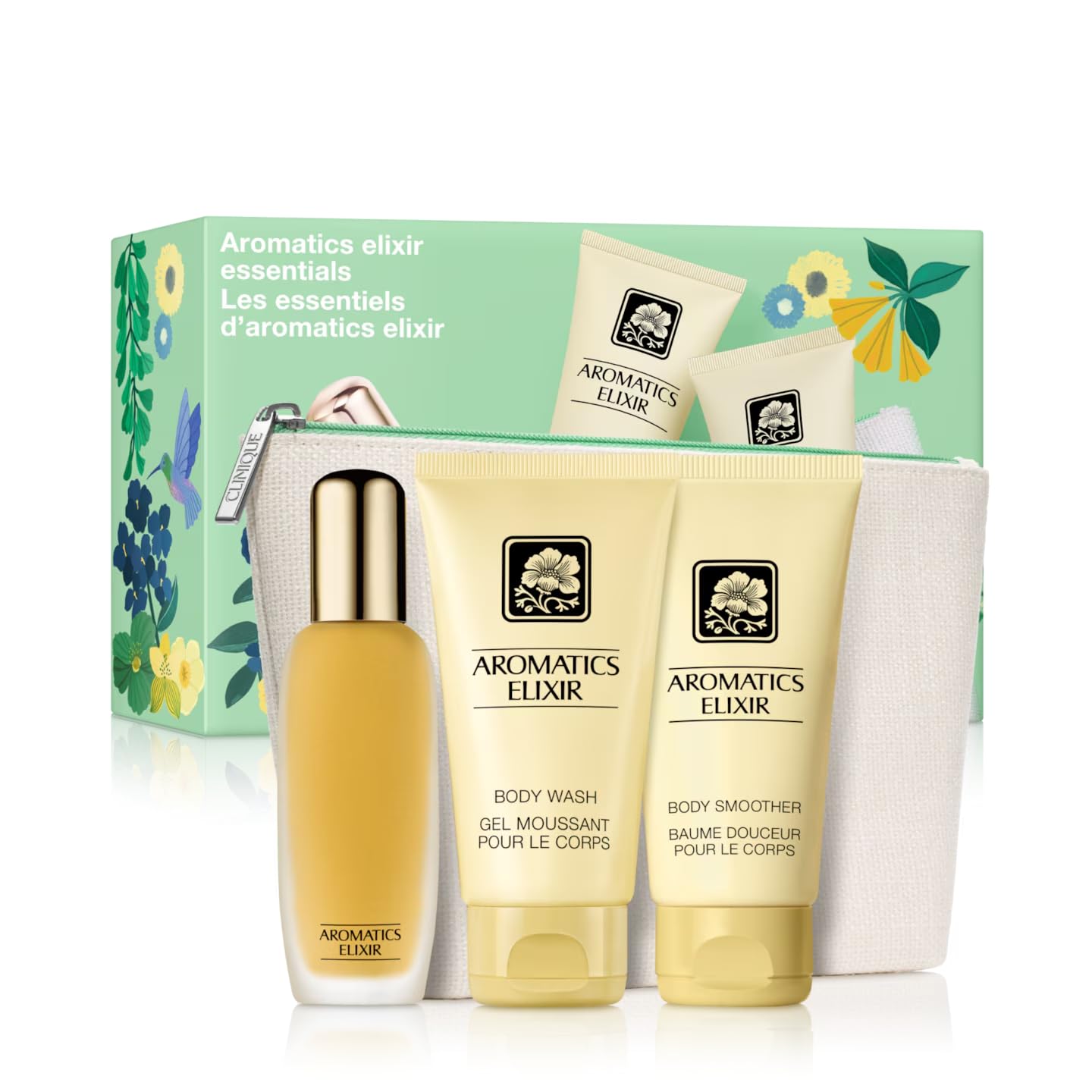Clinique Aromatics Elixir™ Coffret Eau de Parfum Femme | Set Parfum 45 ml + Soin Corps + Gel Douche | Notes de Patchouli, Rose, Vétiver | Idée Cadeau Femme